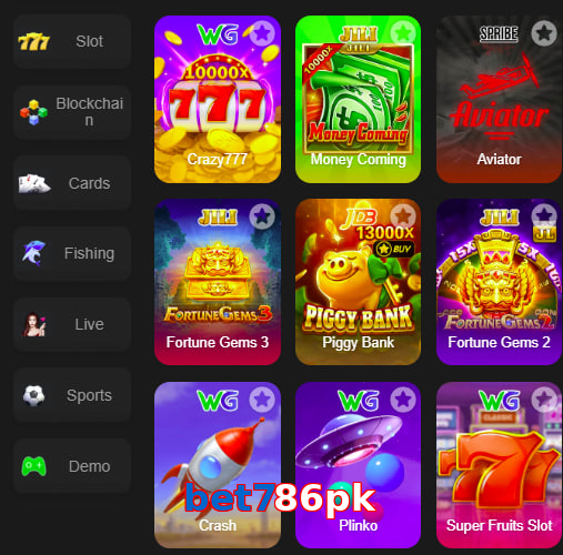 Main screen of Bet786pk game page for PK players